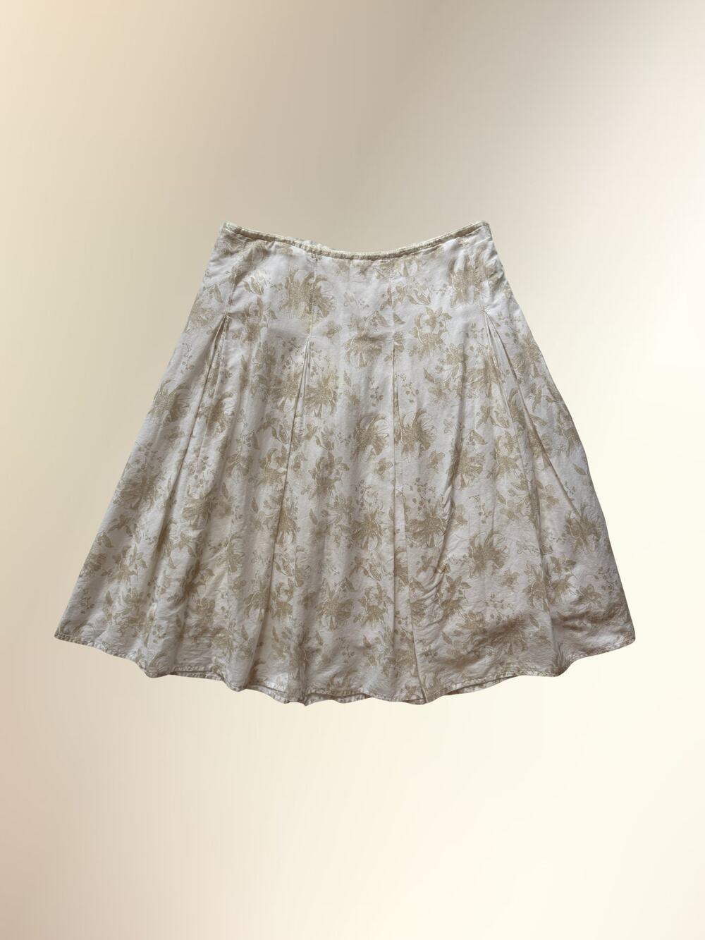Vintage St. Johns Bay White Tan Floral Pleated Cotton Midi Skirt Women's 10